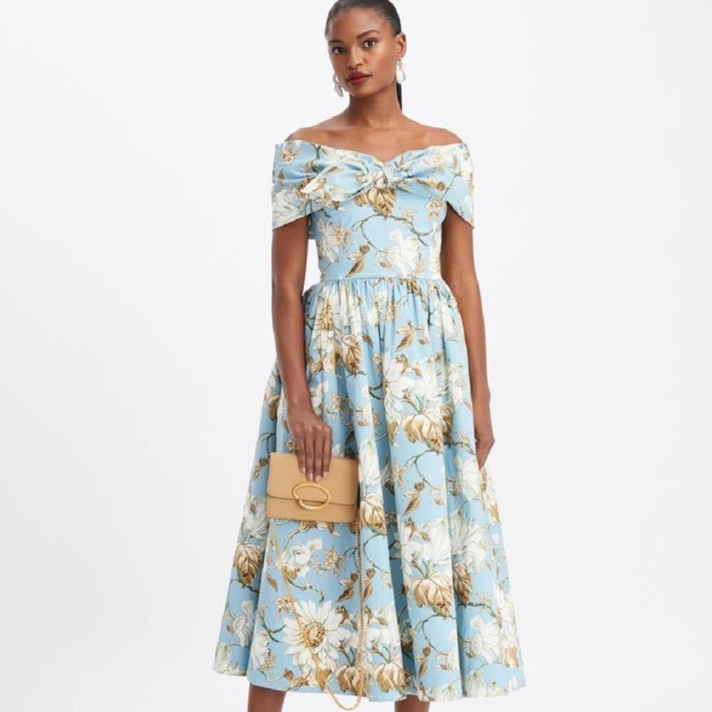$3,000 NEW W. TAG OSCAR DE LA RENTA FRENCH BLUE FLORAL RUNWAY MIDI DRESS S